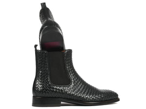 Paul Parkman Black Woven Leather Chelsea Boots - 92WN87-BLK