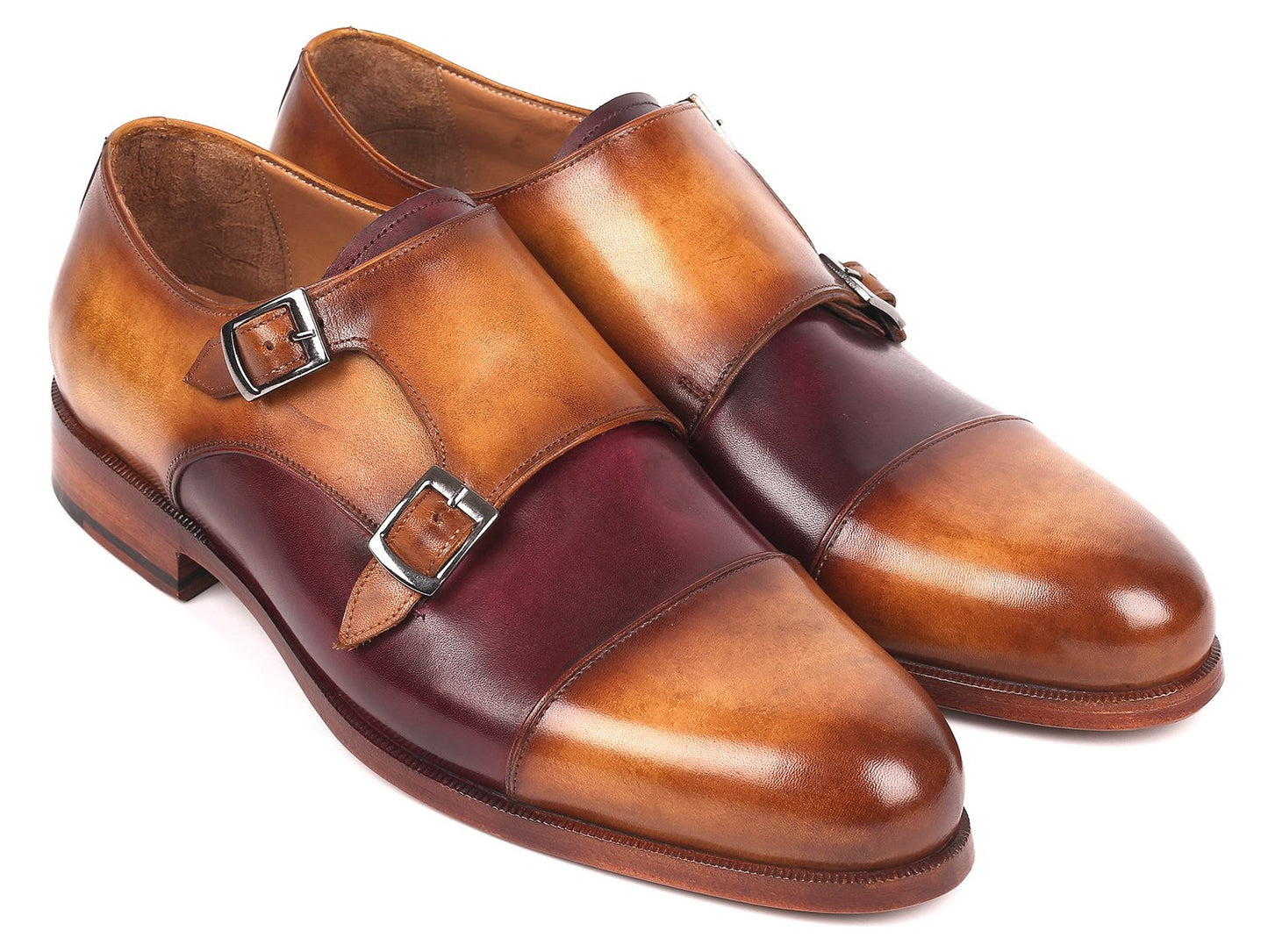 The Paul Parkman Captoe Double Monkstraps Brown & Purple - 045BP17 shoes feature hand-painted leather in luxurious brown and purple shades, crafted from premium Italian calfskin. These elegant double monk straps embody a perfect fusion of style and sophistication.