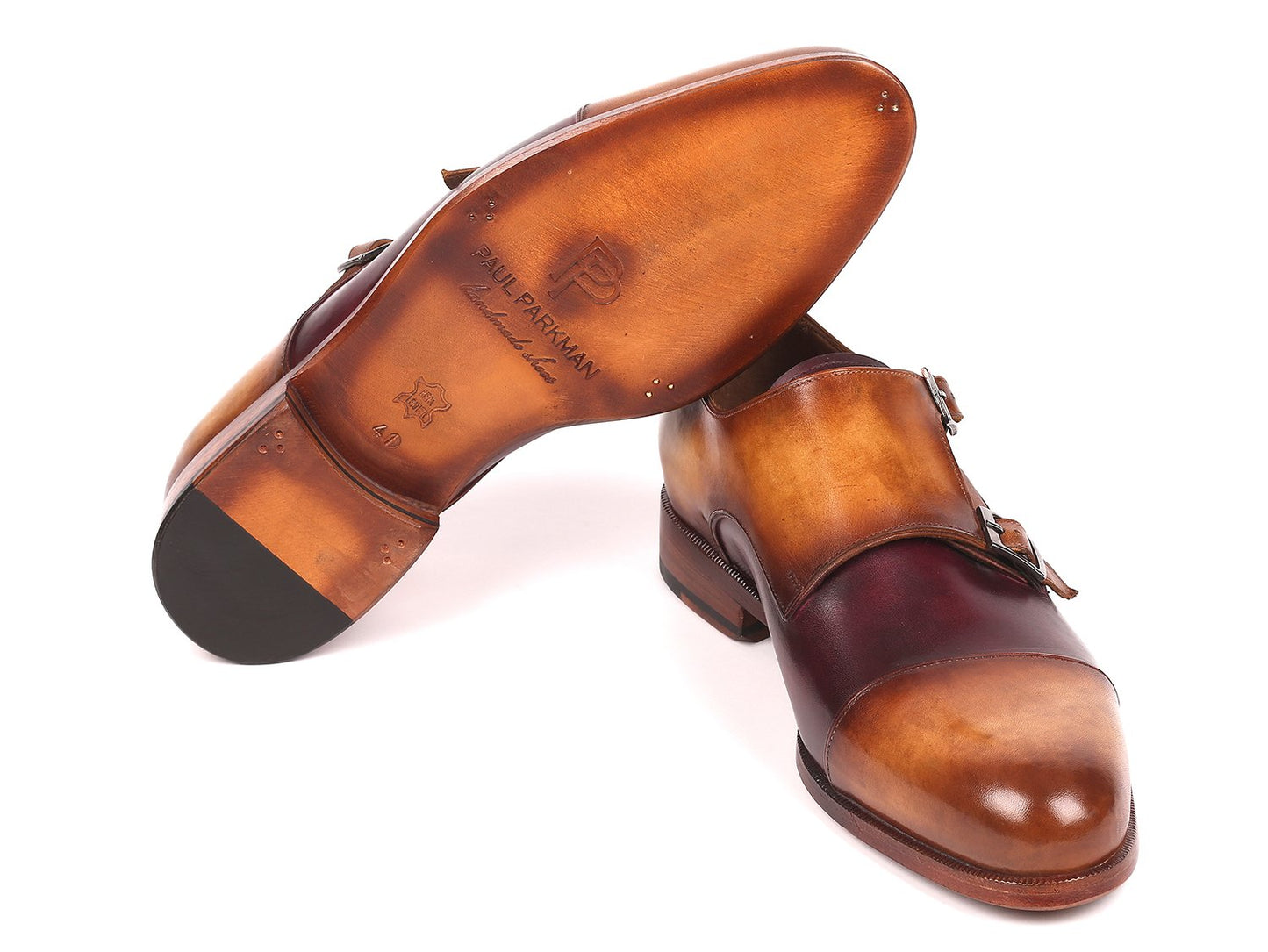 Paul Parkman Captoe Double Monkstraps in Brown & Purple - 045BP17, crafted from luxurious Italian calfskin, feature a polished finish and sleek silver buckles.