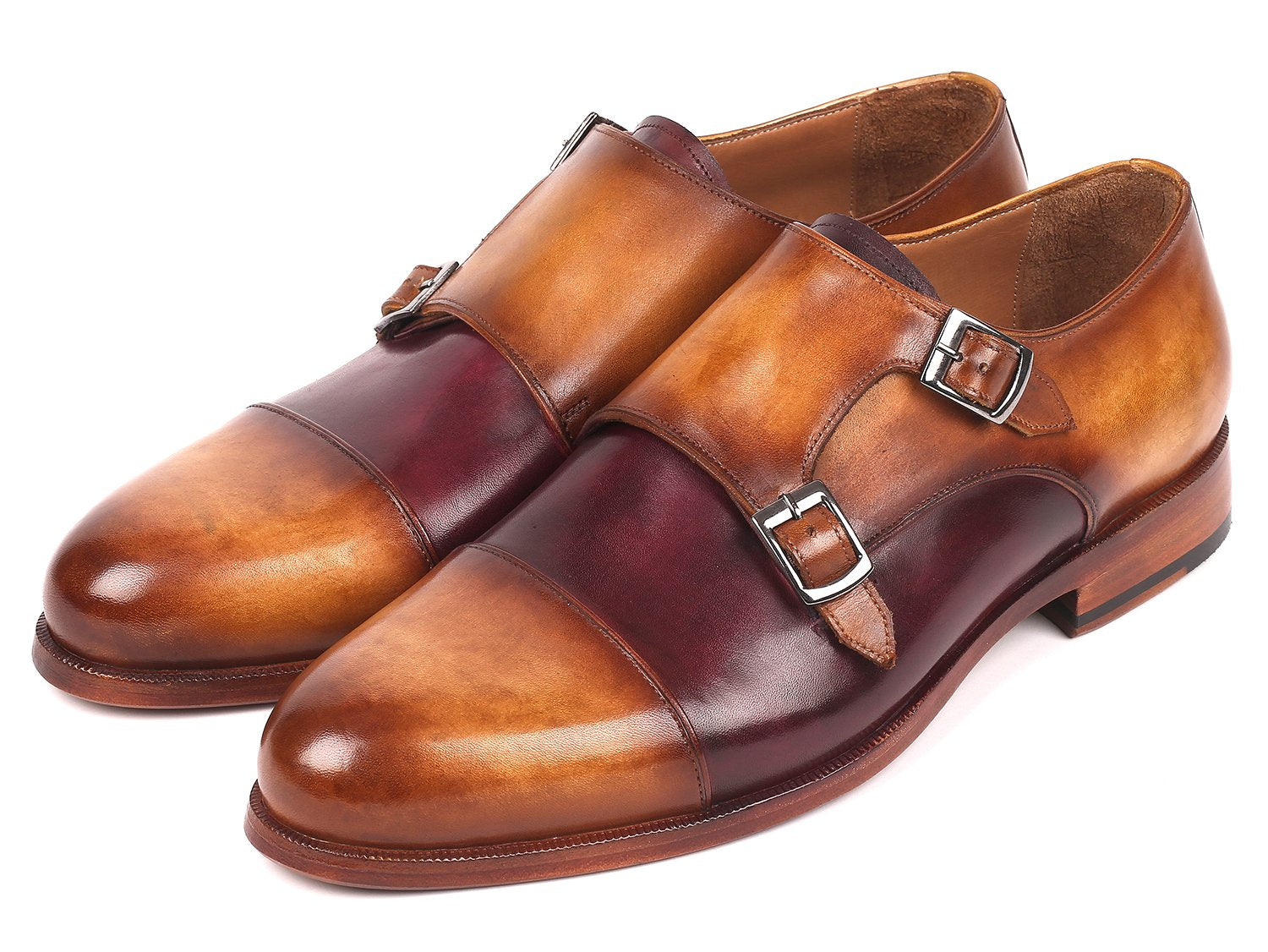 The Paul Parkman Captoe Double Monkstraps Brown & Purple - 045BP17 shoes feature hand-painted leather in luxurious brown and purple shades, crafted from premium Italian calfskin. These elegant double monk straps embody a perfect fusion of style and sophistication.