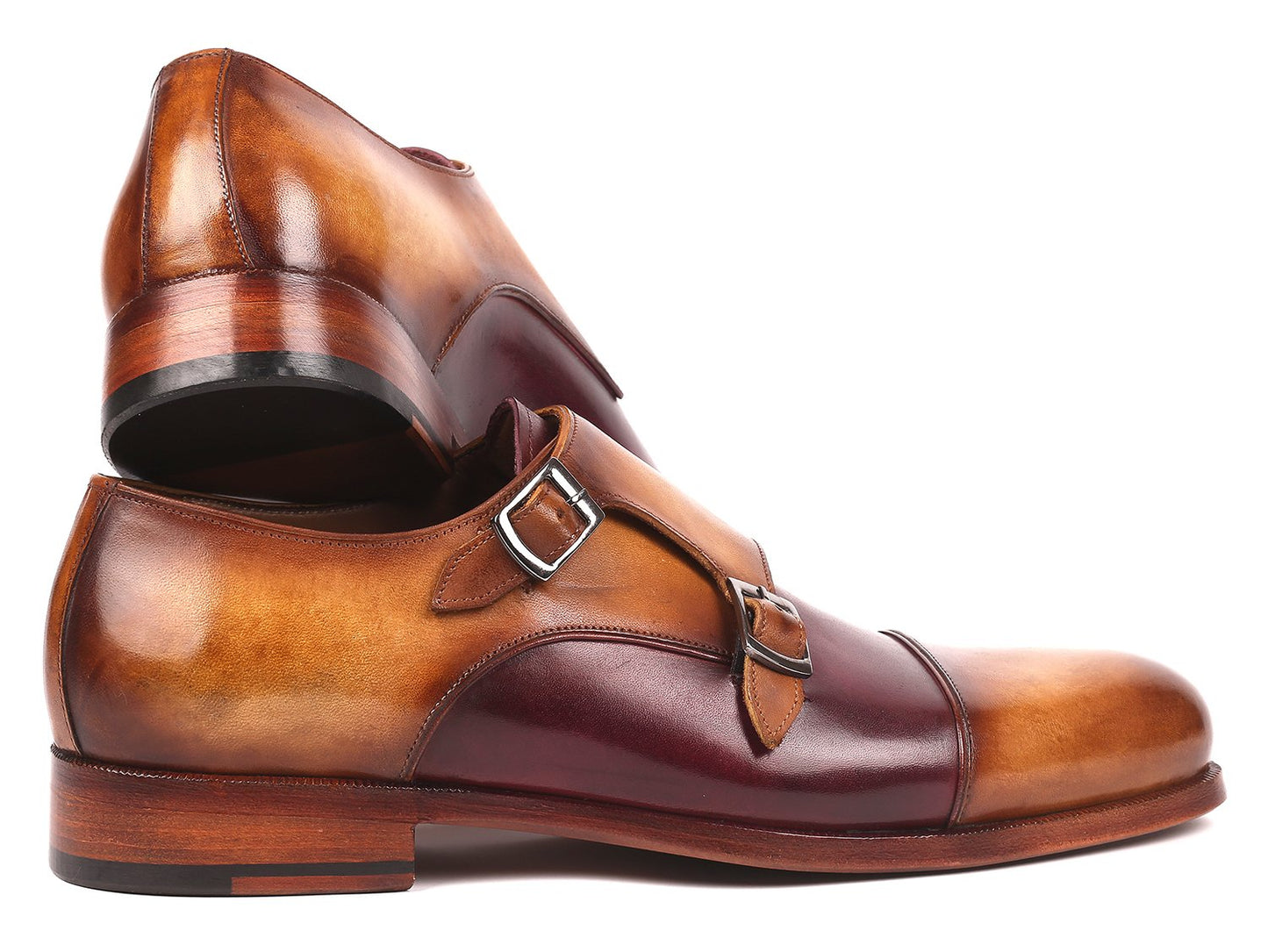 Paul Parkman Captoe Double Monkstraps in Brown & Purple - 045BP17, crafted from luxurious Italian calfskin, feature a polished finish and sleek silver buckles.