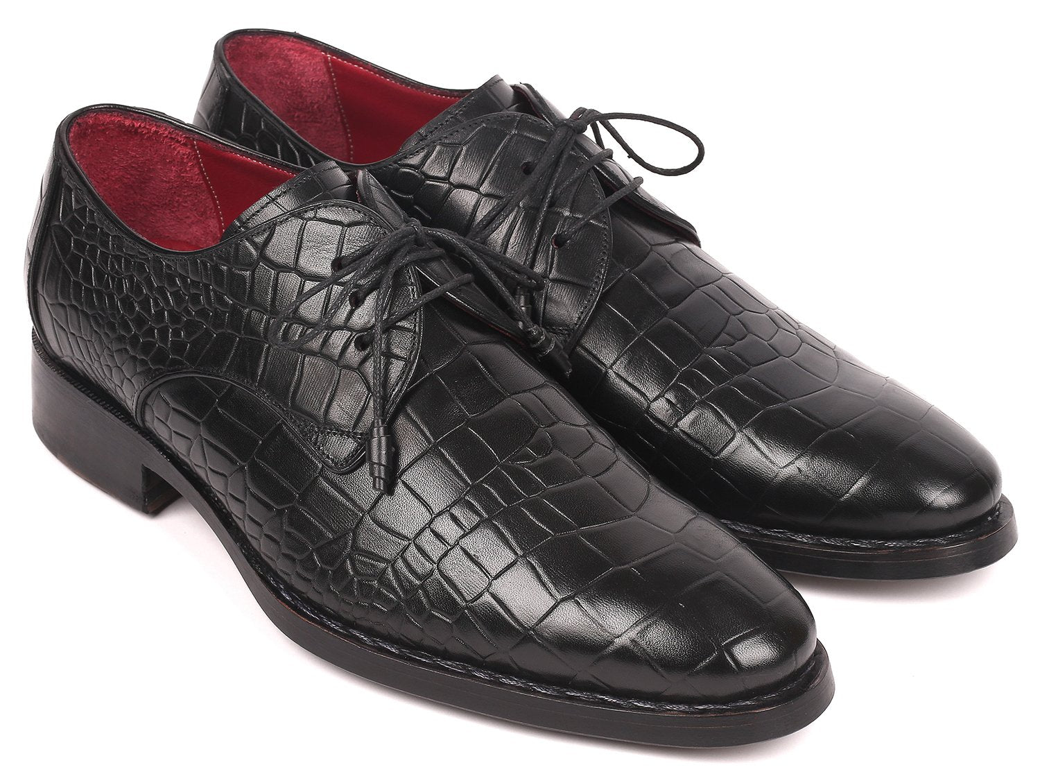 Paul Parkman Black Crocodile Embossed Calfskin Goodyear Welted Derby Shoes - 5254BLK