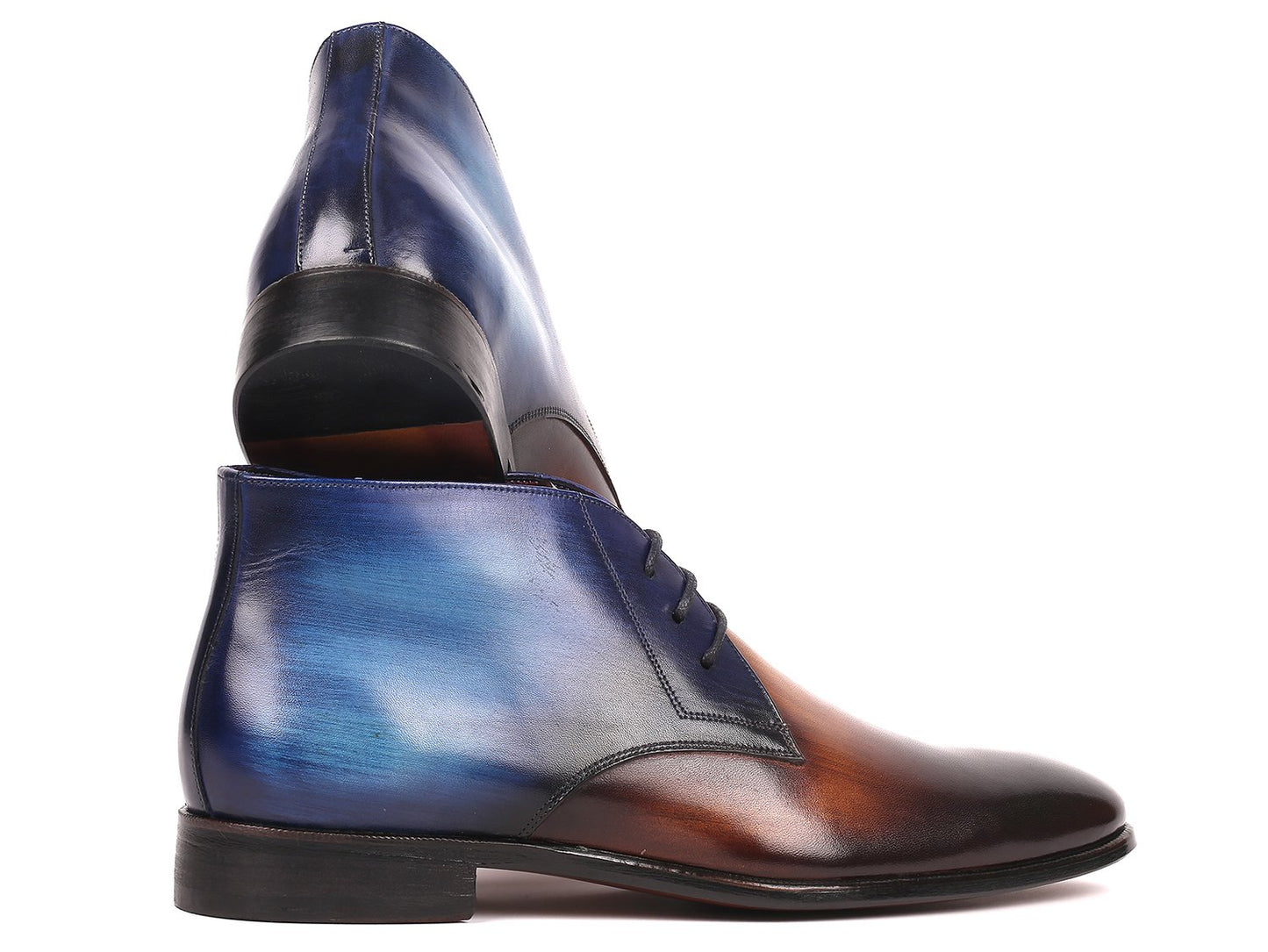 The Paul Parkman Chukka Boots Brown & Blue - CK67L6 are hand-painted calfskin leather boots that showcase a two-tone design with a striking blue and brown gradient, complete with black laces and a slight heel.