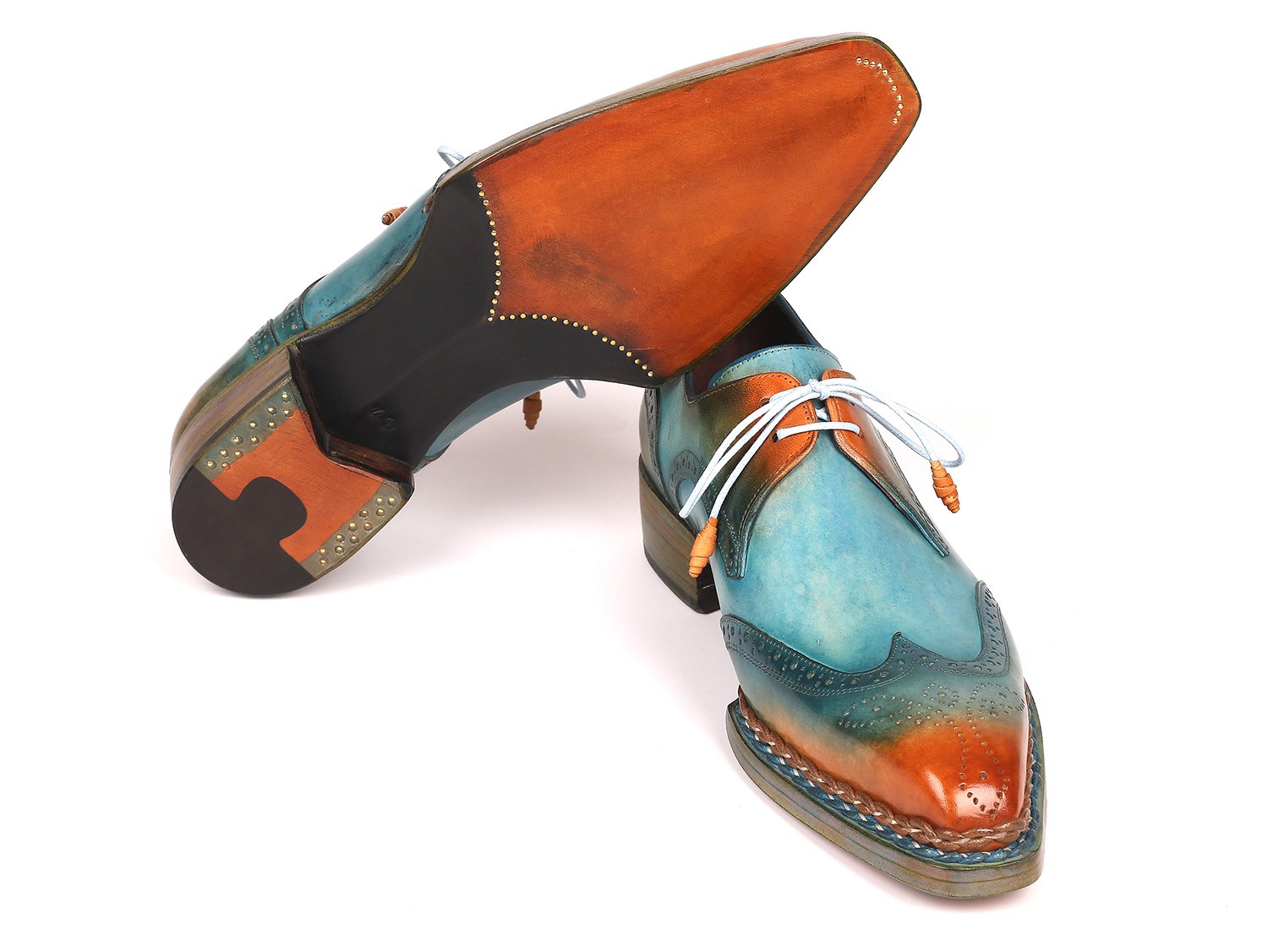 Paul Parkman Norwegian Welted Wingtip Derby Shoes Turquoise & Tobacco - 8506-TRQ