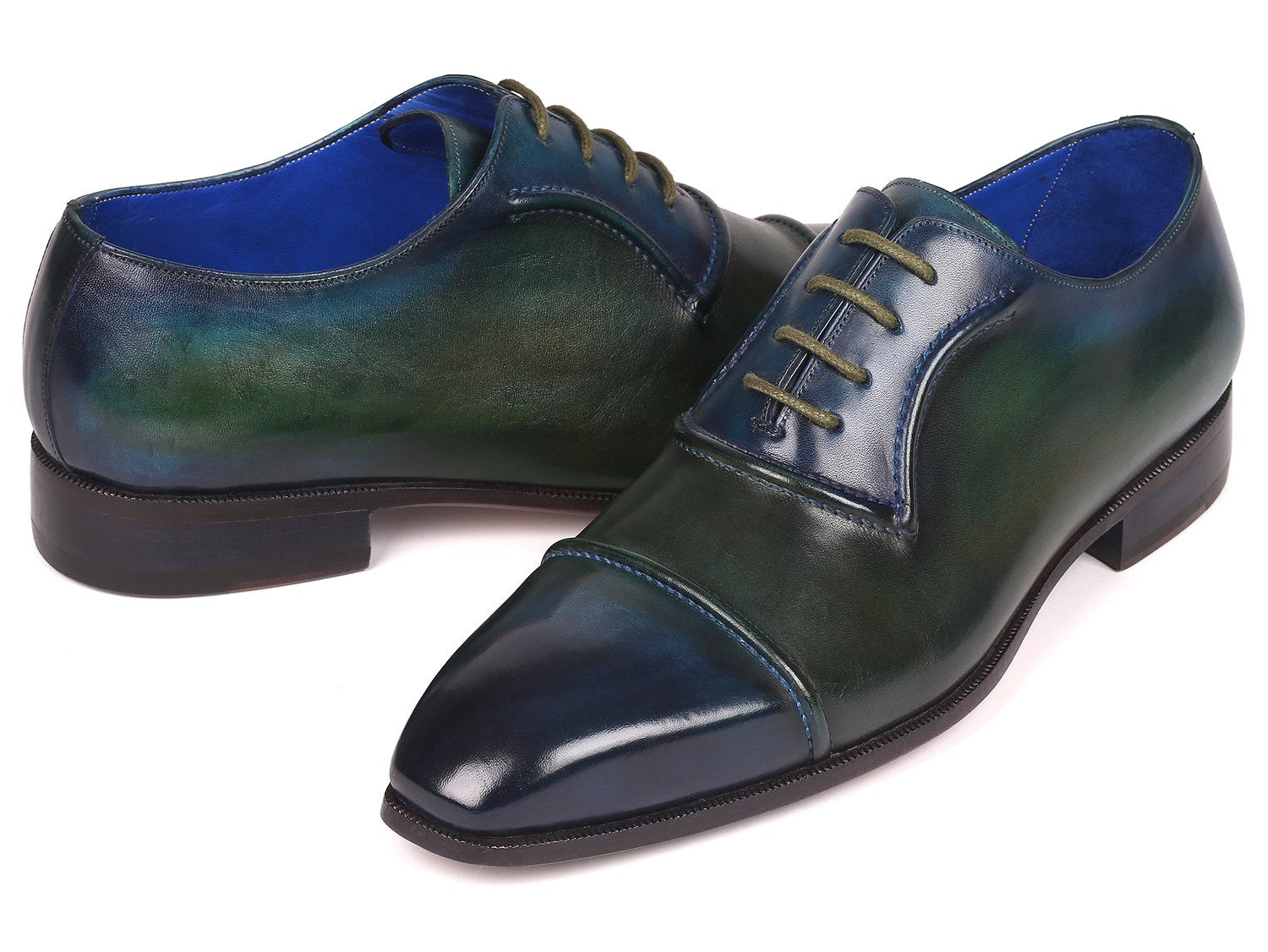 Introducing the Paul Parkman Cap-Toe Oxfords Blue & Green - 078-BLU-GRN by Paul Parkman, a pair of handmade leather dress shoes with laces, showcasing a cap-toe design and a polished finish.