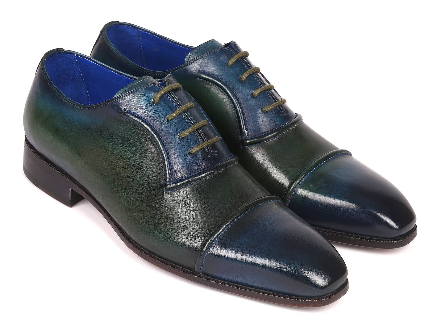 Introducing the Paul Parkman Cap-Toe Oxfords Blue & Green - 078-BLU-GRN by Paul Parkman, a pair of handmade leather dress shoes with laces, showcasing a cap-toe design and a polished finish.