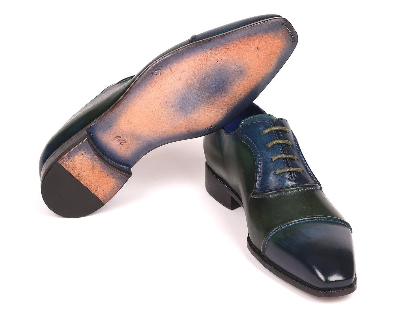 Introducing the Paul Parkman Cap-Toe Oxfords Blue & Green - 078-BLU-GRN by Paul Parkman, a pair of handmade leather dress shoes with laces, showcasing a cap-toe design and a polished finish.