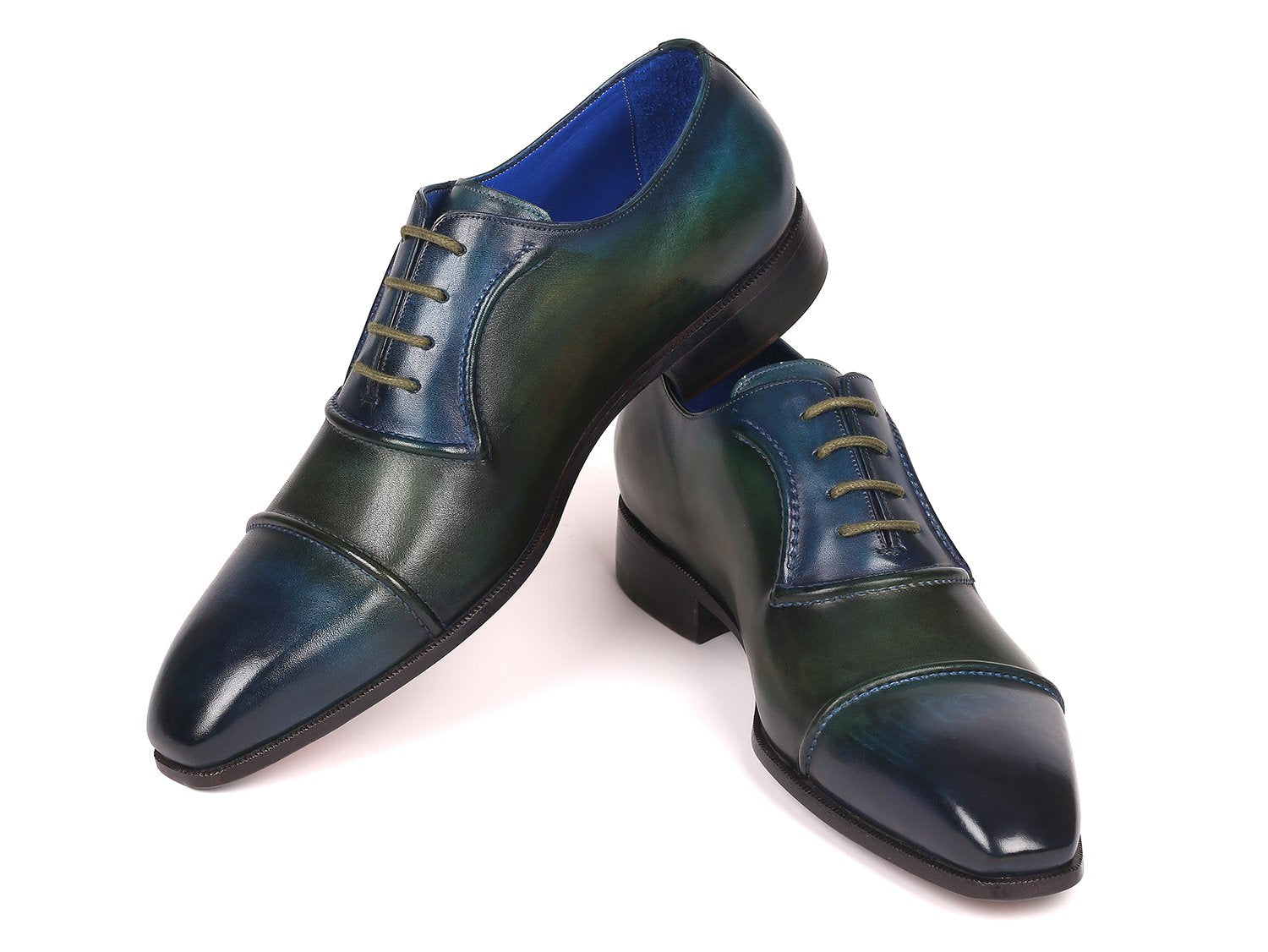 Introducing the Paul Parkman Cap-Toe Oxfords Blue & Green - 078-BLU-GRN by Paul Parkman, a pair of handmade leather dress shoes with laces, showcasing a cap-toe design and a polished finish.