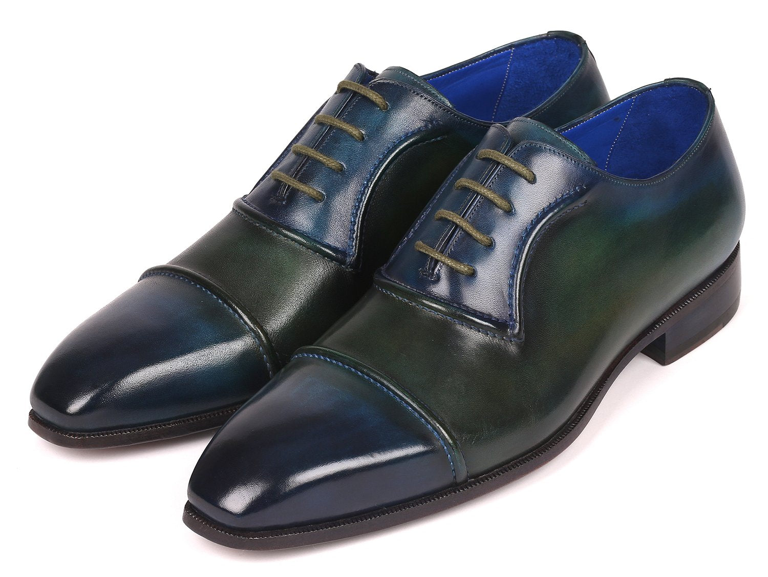 Introducing the Paul Parkman Cap-Toe Oxfords Blue & Green - 078-BLU-GRN by Paul Parkman, a pair of handmade leather dress shoes with laces, showcasing a cap-toe design and a polished finish.