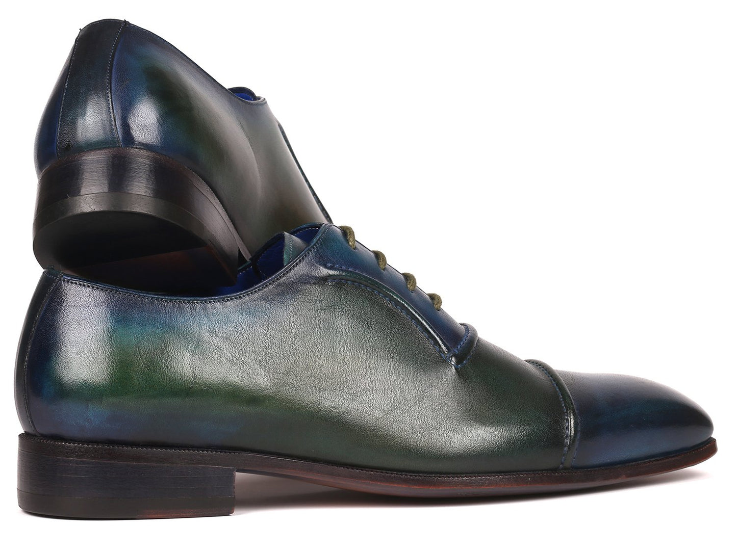 Introducing the Paul Parkman Cap-Toe Oxfords Blue & Green - 078-BLU-GRN by Paul Parkman, a pair of handmade leather dress shoes with laces, showcasing a cap-toe design and a polished finish.