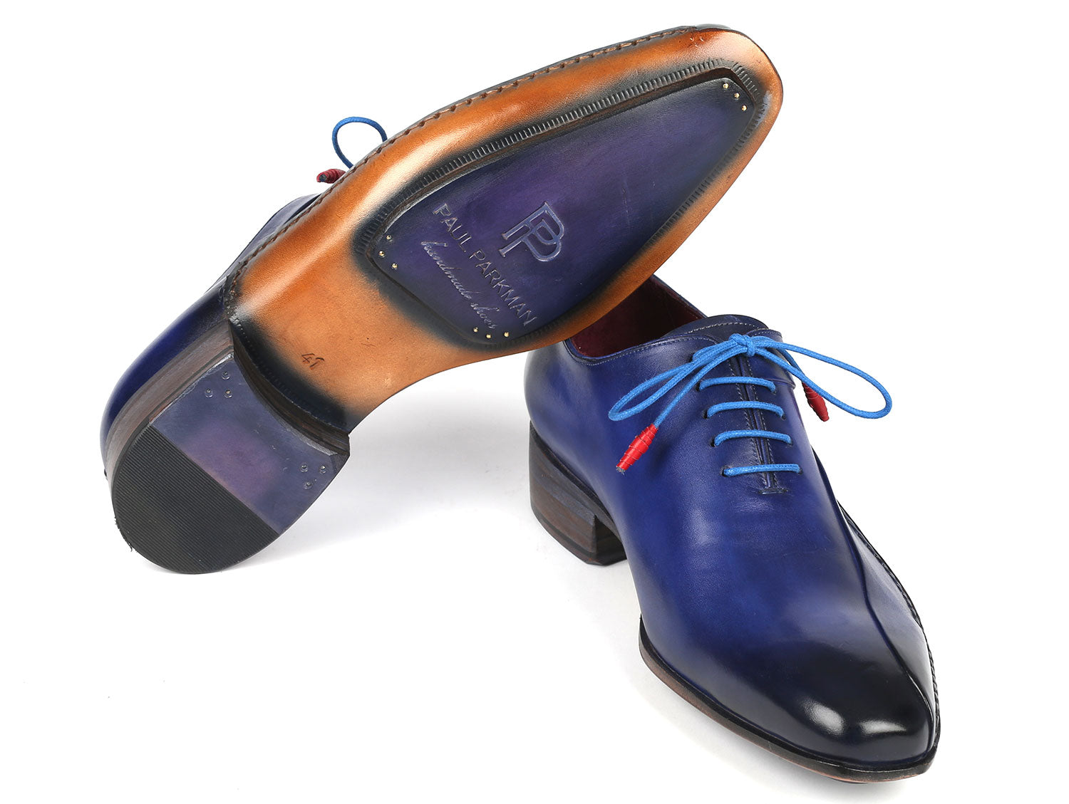 Paul Parkman Blue Leather Oxford Shoes Side Hand-Sewn - 018-BLU