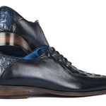 Paul Parkman Navy Croco Textured Leather Bicycle Toe Oxfords - 94-214