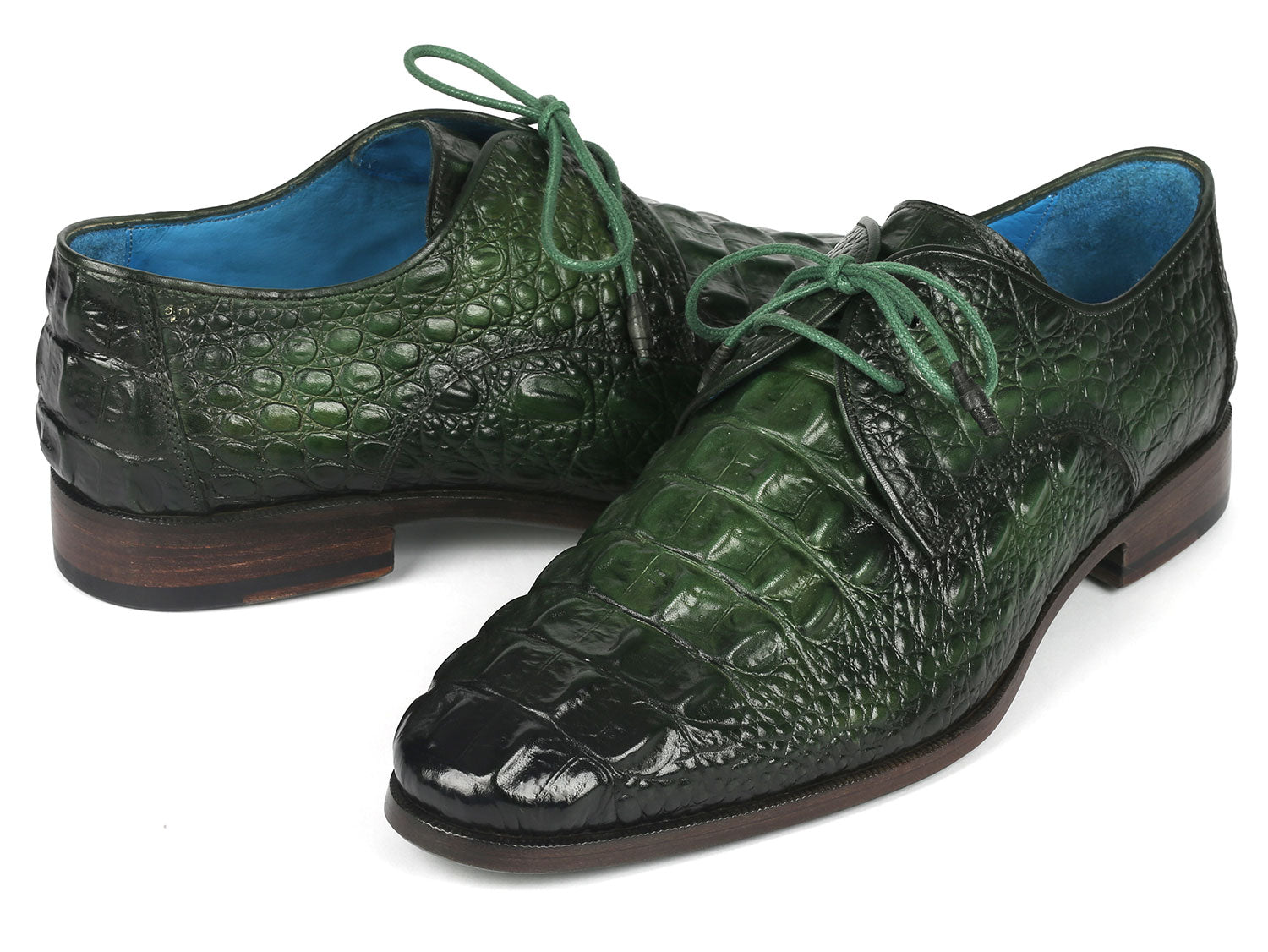 Paul Parkman Green Croco Textured Leather Derby Shoes - 1438GRN