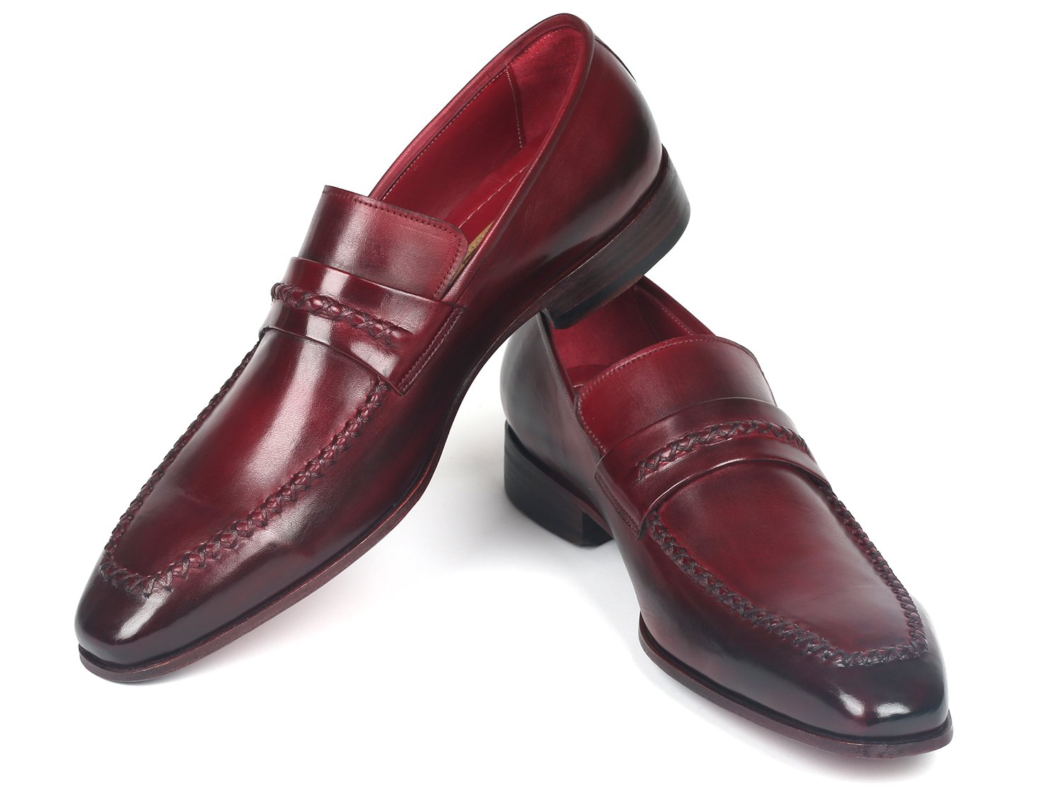 Paul Parkman Loafers Bordeaux - 068-BRD, a pair of polished slip-on loafers in burgundy with stitched detailing, made from hand-painted leather by Paul Parkman, displayed on a white background.