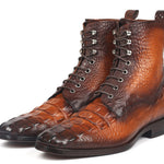 Paul Parkman Brown Croco Embossed Leather Lace-Up Boots - BT744-BRW