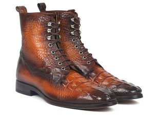 Paul Parkman Brown Croco Embossed Leather Lace-Up Boots - BT744-BRW