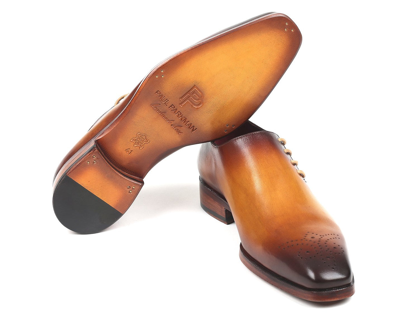 Paul Parkman Side Lace Oxfords Brown & Camel - 927F64 by Paul Parkman, featuring a polished brown leather medallion toe with an ombre effect and decorative perforations, showcased against a white background.