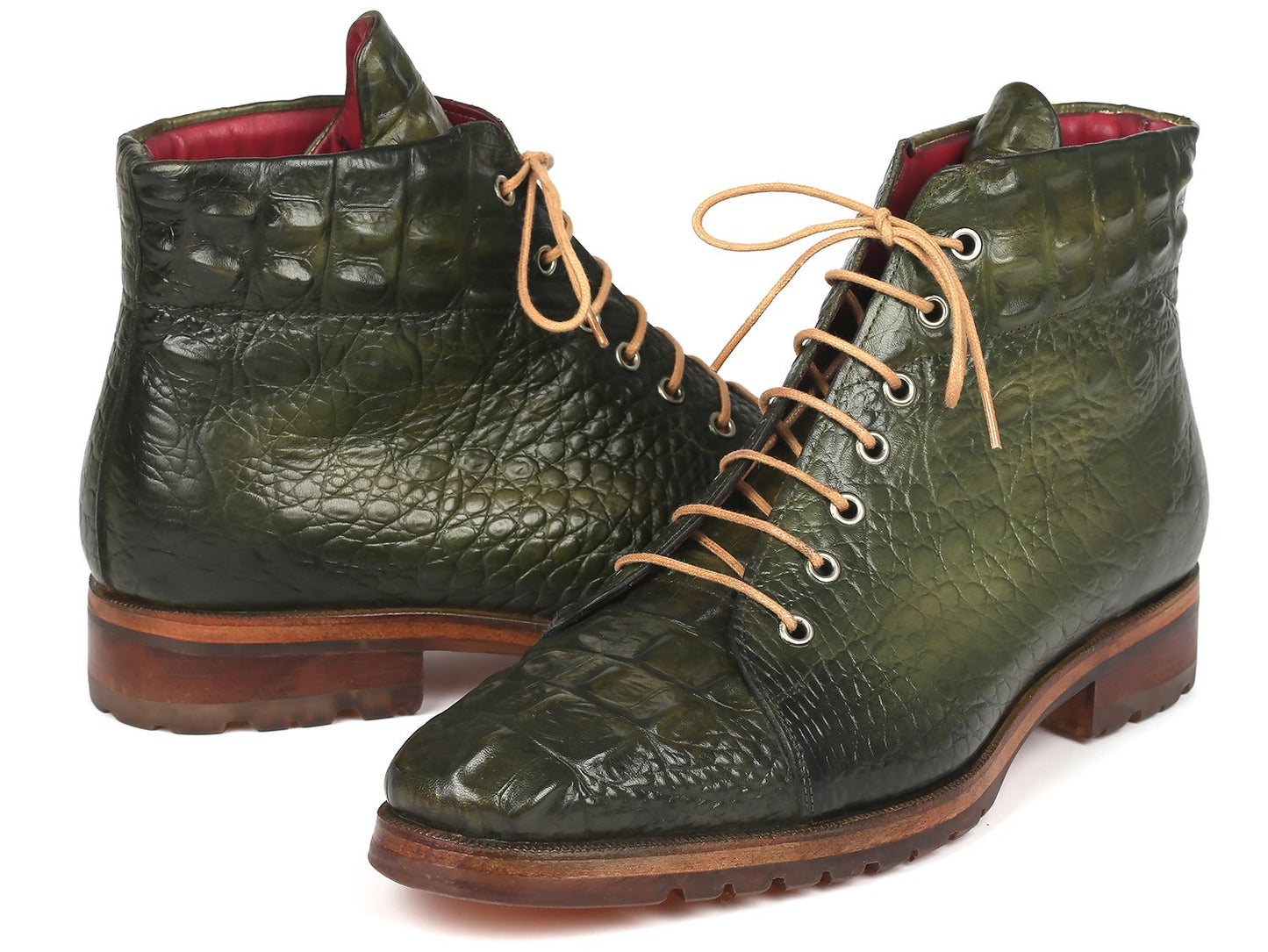 The Paul Parkman Green Croco Embossed Leather Boots - 12811-GRN, crafted by renowned brand Paul Parkman, feature a bespoke design with hand-painted green leather adorned with a crocodile pattern. These elegant boots are complemented by tan laces and wooden soles, and are beautifully showcased against a white background.