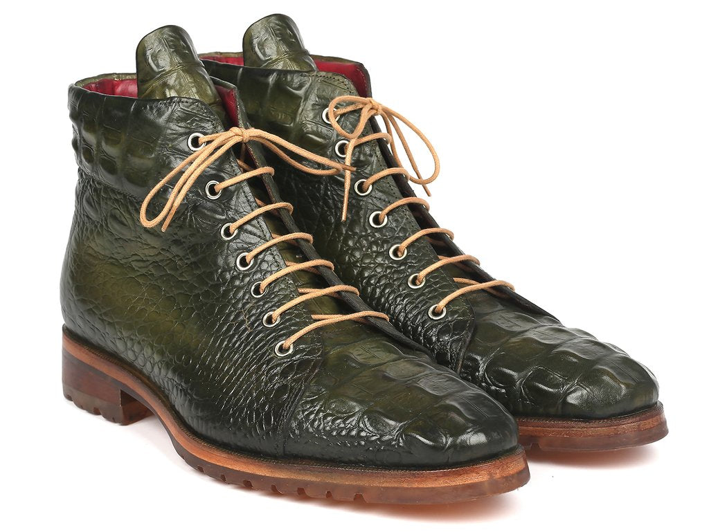 Paul Parkman Green Croco Embossed Leather Boots - 12811-GRN