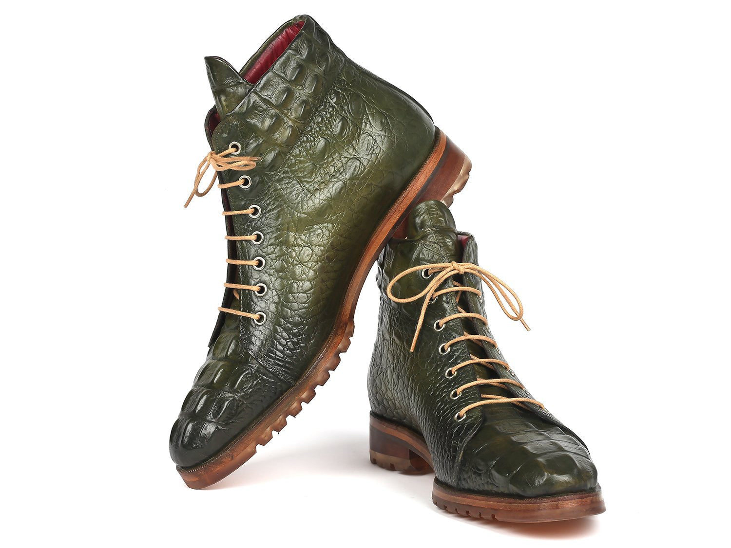 The Paul Parkman Green Croco Embossed Leather Boots - 12811-GRN, crafted by renowned brand Paul Parkman, feature a bespoke design with hand-painted green leather adorned with a crocodile pattern. These elegant boots are complemented by tan laces and wooden soles, and are beautifully showcased against a white background.