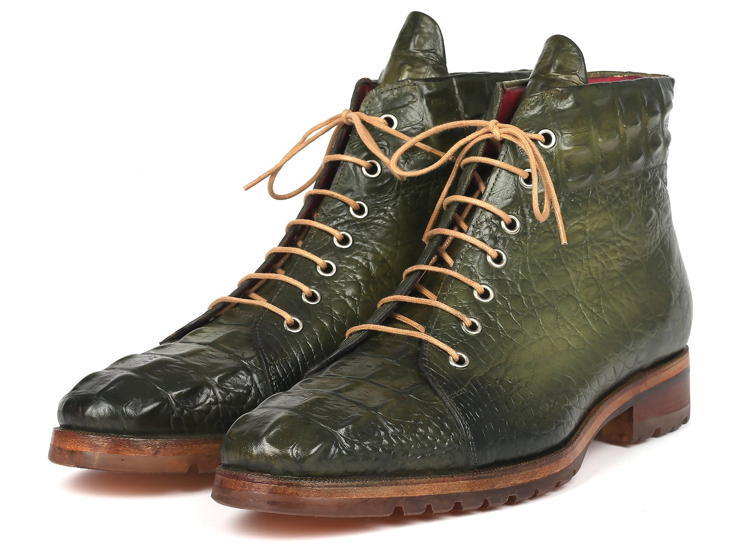 The Paul Parkman Green Croco Embossed Leather Boots - 12811-GRN, crafted by renowned brand Paul Parkman, feature a bespoke design with hand-painted green leather adorned with a crocodile pattern. These elegant boots are complemented by tan laces and wooden soles, and are beautifully showcased against a white background.