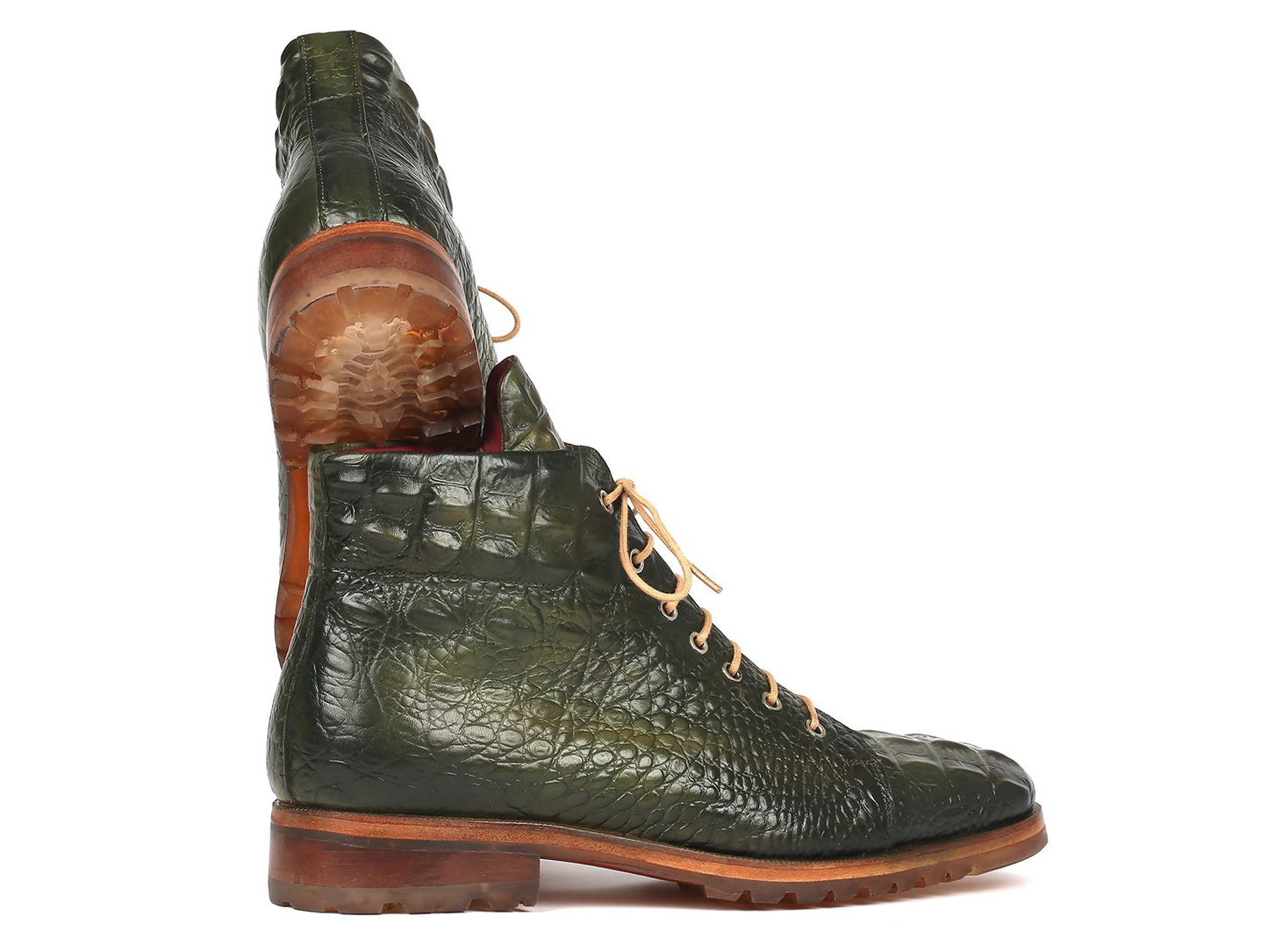 The Paul Parkman Green Croco Embossed Leather Boots - 12811-GRN, crafted by renowned brand Paul Parkman, feature a bespoke design with hand-painted green leather adorned with a crocodile pattern. These elegant boots are complemented by tan laces and wooden soles, and are beautifully showcased against a white background.