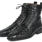 Paul Parkman Black Croco Embossed Leather Lace-Up Boots - BT744-BLK