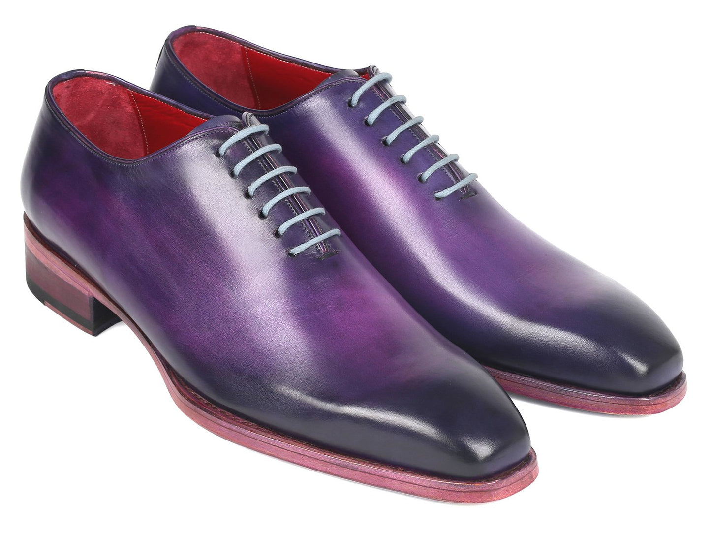 The Paul Parkman Goodyear Welted Wholecut Oxfords in a purple hand-painted design feature light grey laces and a red interior, presented at an angle on a white background. These shoes exemplify meticulous detail and superior craftsmanship.