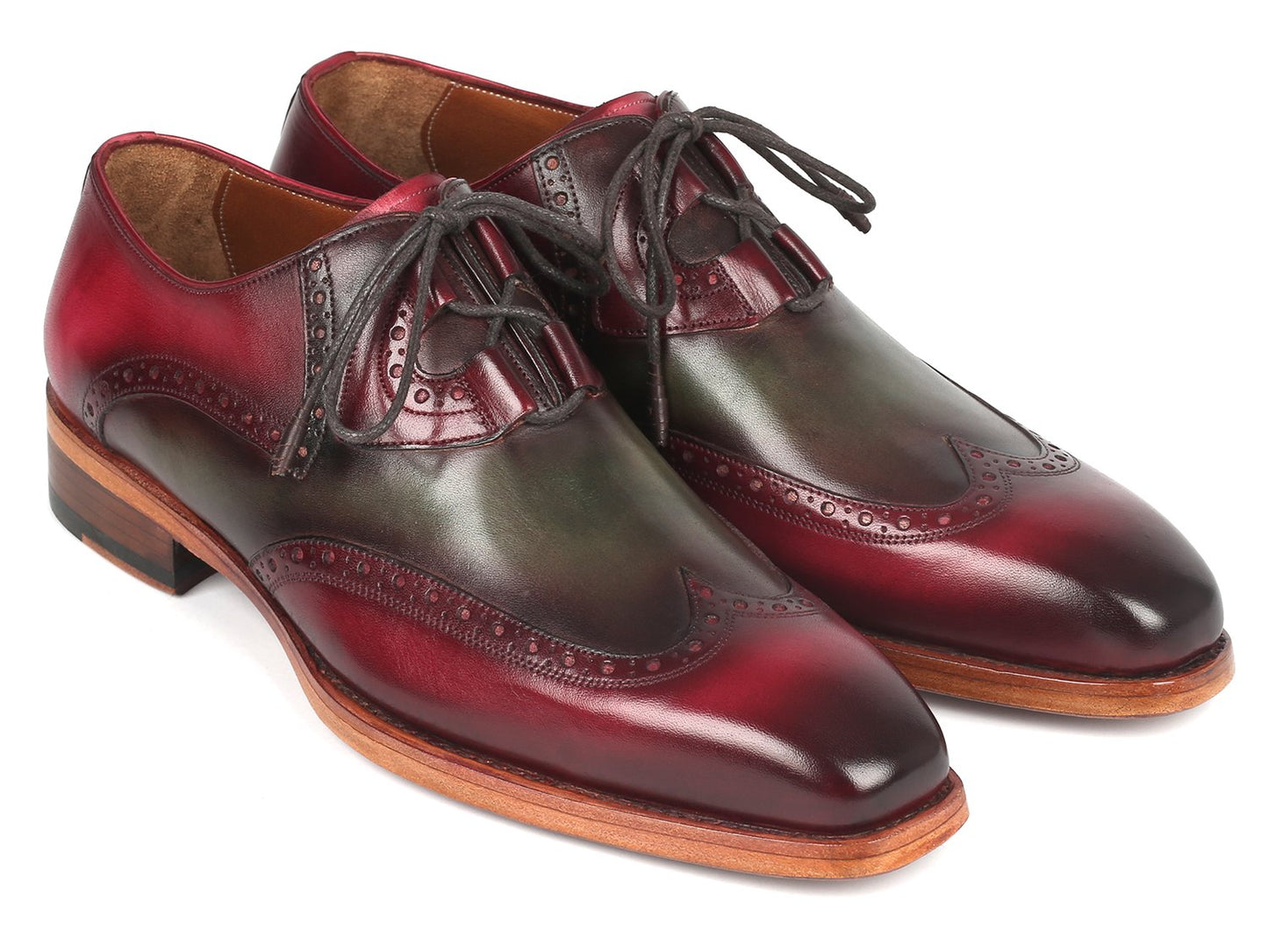 Introducing the Paul Parkman Goodyear Welted Ghillie Lacing Brogues in Green & Bordeaux (2955-GRB), a stunning pair of shoes crafted from hand-painted leather with intricate wingtip brogue detailing. These elegant shoes feature brown soles and black laces, and are expertly constructed using Goodyear welt techniques for unmatched craftsmanship.