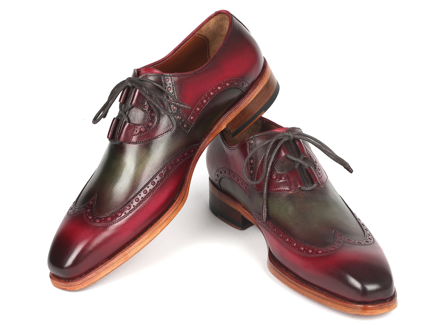 Introducing the Paul Parkman Goodyear Welted Ghillie Lacing Brogues in Green & Bordeaux (2955-GRB), a stunning pair of shoes crafted from hand-painted leather with intricate wingtip brogue detailing. These elegant shoes feature brown soles and black laces, and are expertly constructed using Goodyear welt techniques for unmatched craftsmanship.