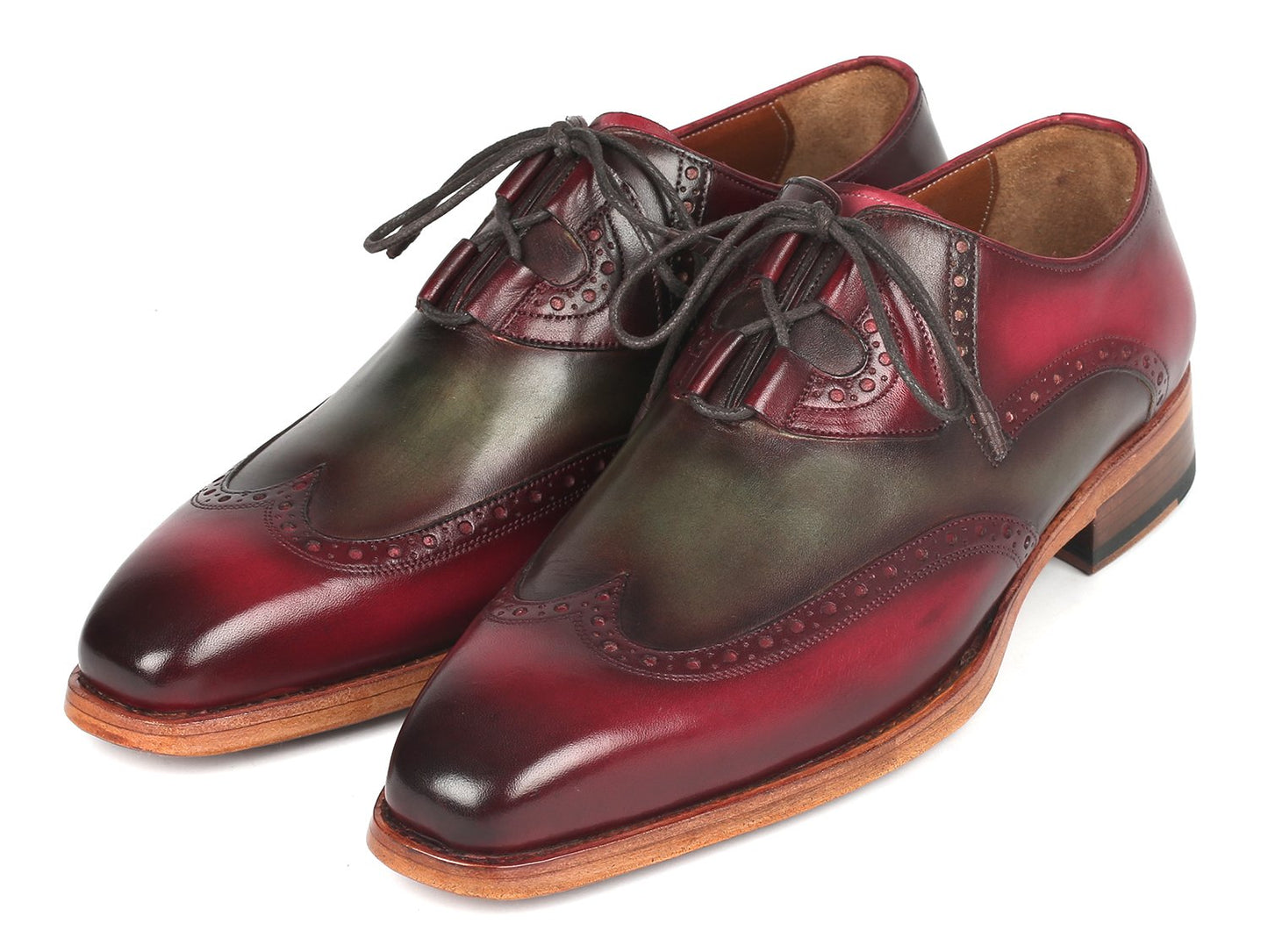 Introducing the Paul Parkman Goodyear Welted Ghillie Lacing Brogues in Green & Bordeaux (2955-GRB), a stunning pair of shoes crafted from hand-painted leather with intricate wingtip brogue detailing. These elegant shoes feature brown soles and black laces, and are expertly constructed using Goodyear welt techniques for unmatched craftsmanship.