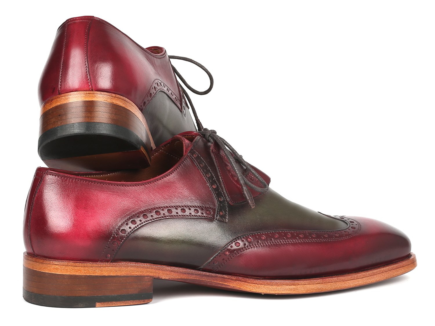 Introducing the Paul Parkman Goodyear Welted Ghillie Lacing Brogues in Green & Bordeaux (2955-GRB), a stunning pair of shoes crafted from hand-painted leather with intricate wingtip brogue detailing. These elegant shoes feature brown soles and black laces, and are expertly constructed using Goodyear welt techniques for unmatched craftsmanship.