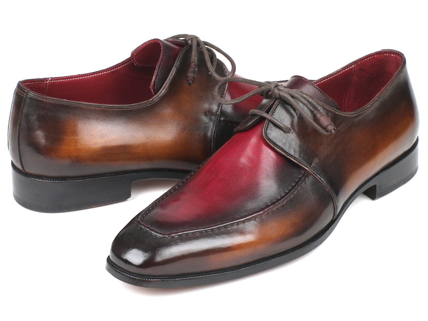 The Paul Parkman Brown & Bordeaux Dual Tone Apron Derby Shoes - 33BB12 are polished dress shoes crafted from calfskin leather in brown and red tones, featuring laces and an artful hand-painted finish displayed at an angle.