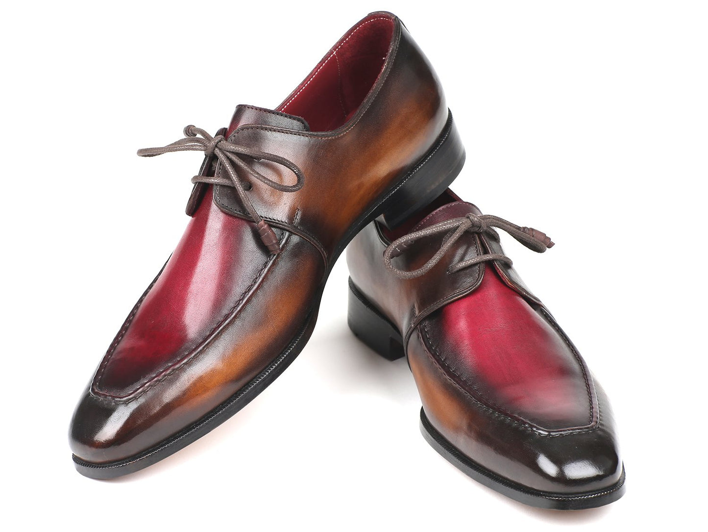 The Paul Parkman Brown & Bordeaux Dual Tone Apron Derby Shoes - 33BB12 are polished dress shoes crafted from calfskin leather in brown and red tones, featuring laces and an artful hand-painted finish displayed at an angle.