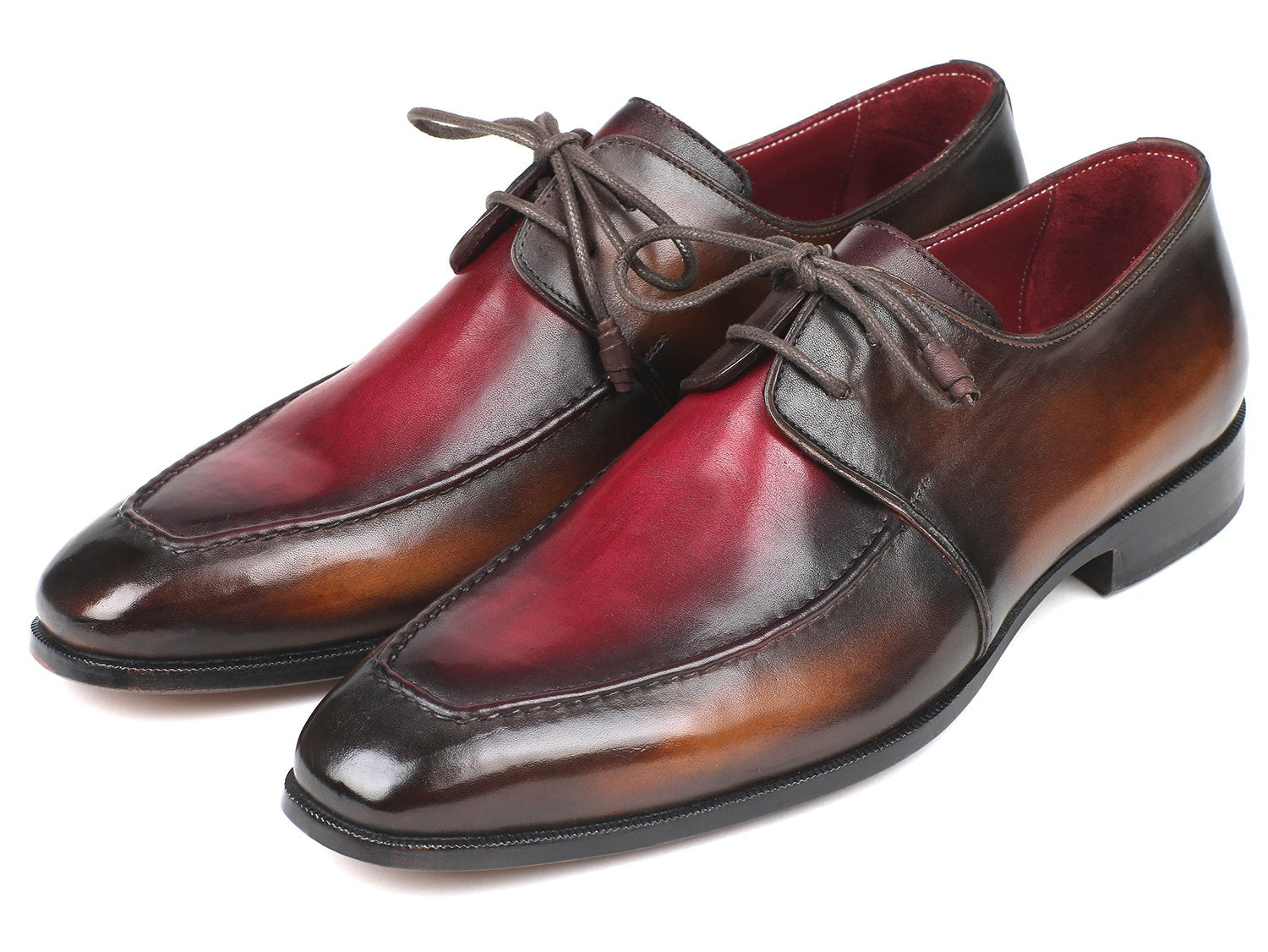 The Paul Parkman Brown & Bordeaux Dual Tone Apron Derby Shoes - 33BB12 are polished dress shoes crafted from calfskin leather in brown and red tones, featuring laces and an artful hand-painted finish displayed at an angle.