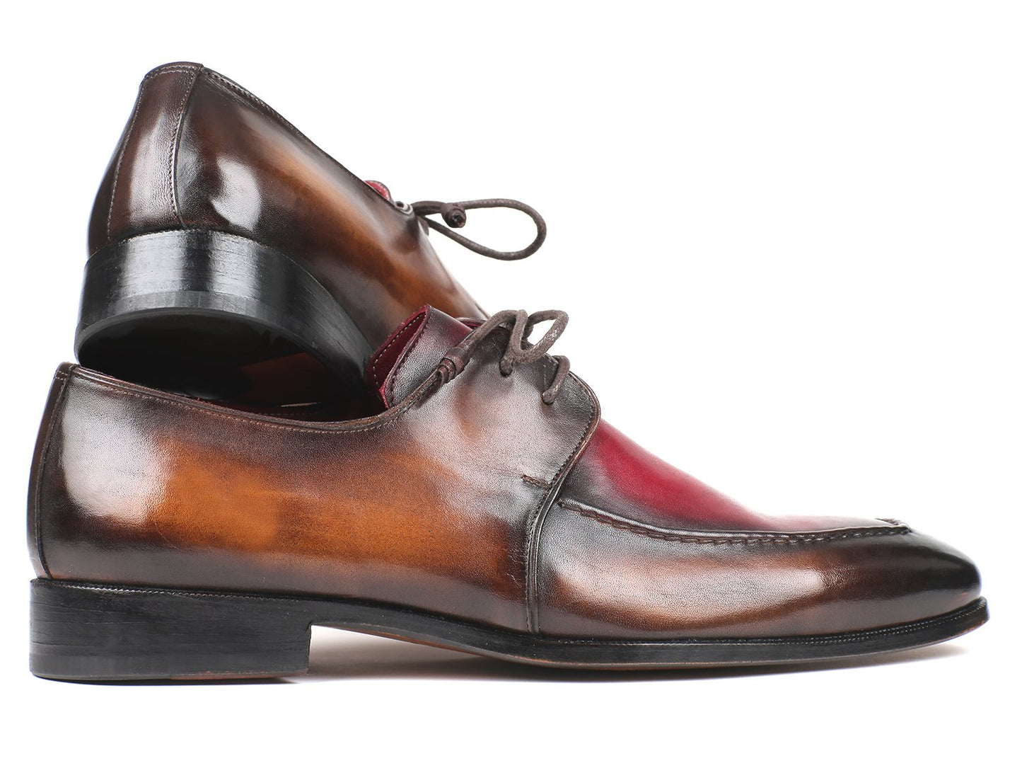 The Paul Parkman Brown & Bordeaux Dual Tone Apron Derby Shoes - 33BB12 are polished dress shoes crafted from calfskin leather in brown and red tones, featuring laces and an artful hand-painted finish displayed at an angle.