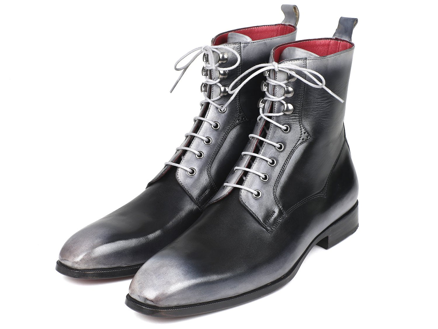 A pair of Paul Parkman Gray Burnished Leather Lace-Up Boots (BT535-GRY), featuring black leather with gray tips and white laces, displayed on a white background.