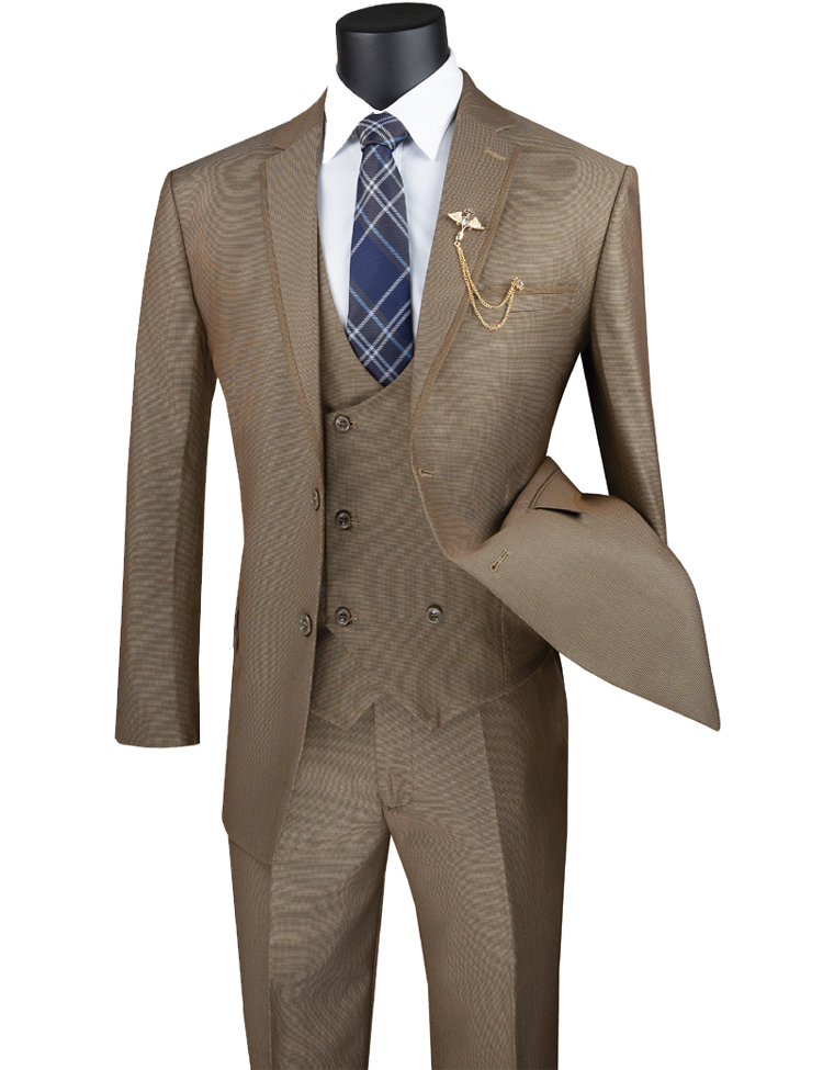 Displayed on a mannequin is the Vinci Modern Fit 3 Piece Suit Birdseye Pattern with Contrast Trim in Khaki by Vinci Suits. This elegant ensemble includes a jacket, vest, and trousers, complemented by a white shirt, blue plaid tie, gold chain, and matching hat. The contrast trim enhances its timeless elegance.