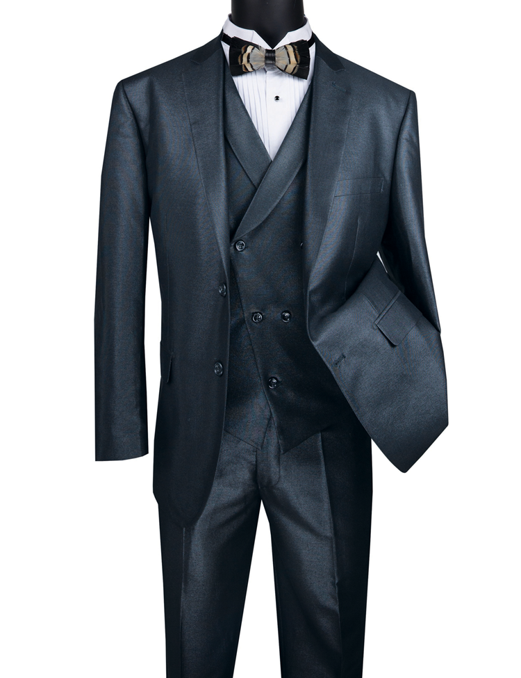Vinci Modern Fit Shiny Sharkskin 2 Button 3 Piece Suit (Midnight Blue) MV2R-1