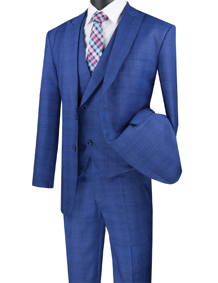 Vinci Suits' Vinci Modern Fit Glen Plaid 2 Button Peak Lapel 3 Piece Suit in blue, paired with a crisp white shirt and a checkered tie.