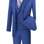 Vinci Modern Fit Glen Plaid 2 Button Peak Lapel 3 Piece Suit (Blue) MV2W-1