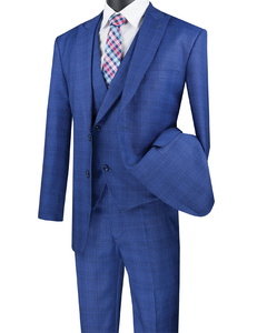 Vinci Modern Fit Glen Plaid 2 Button Peak Lapel 3 Piece Suit (Blue) MV2W-1