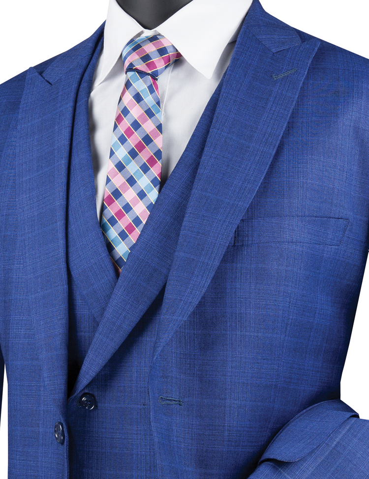 Vinci Suits' Vinci Modern Fit Glen Plaid 2 Button Peak Lapel 3 Piece Suit in blue, paired with a crisp white shirt and a checkered tie.