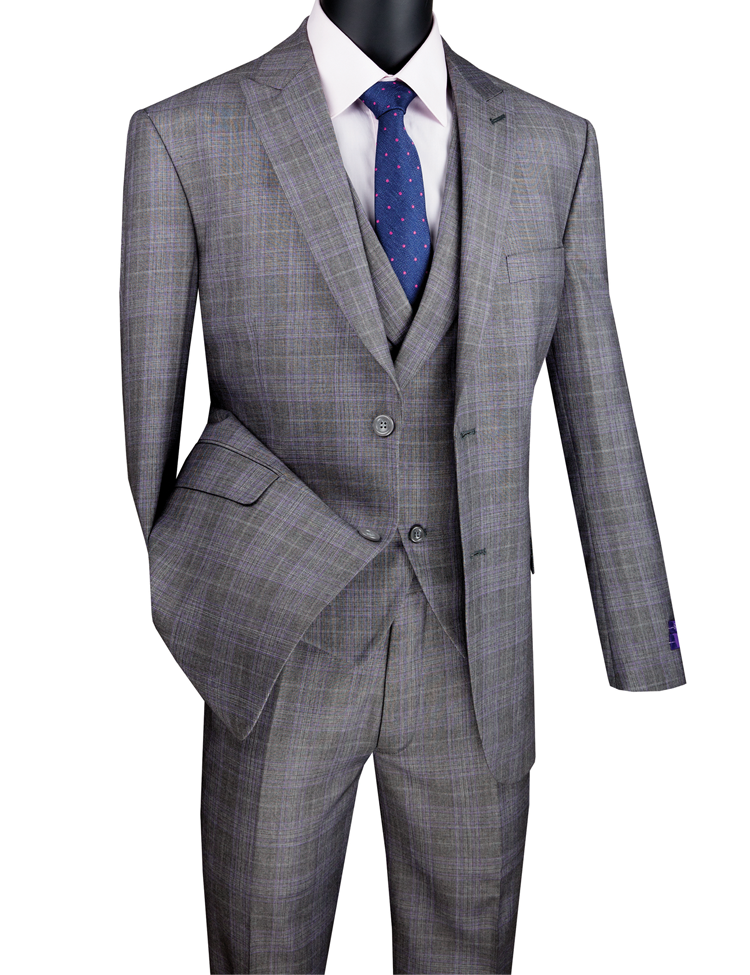 A Vinci Modern Fit Glen Plaid three-piece suit in gray, paired with a blue polka dot tie and featuring peak lapels for a dashing touch, is displayed on a mannequin.