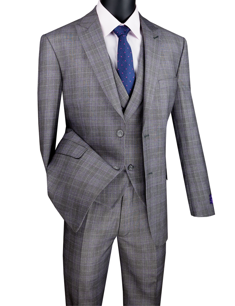 Vinci Modern Fit Glen Plaid 2 Button Peak Lapel 3 Piece Suit (Gray) MV2W-1