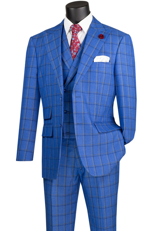 The Vinci Modern Fit 3 Piece Windowpane Suit in Royal by Vinci Suits provides a luxurious wool feel, perfectly complemented by a crisp white dress shirt and a stylish red patterned tie. Its modern fit exudes style and sophistication, making it ideal for any occasion.