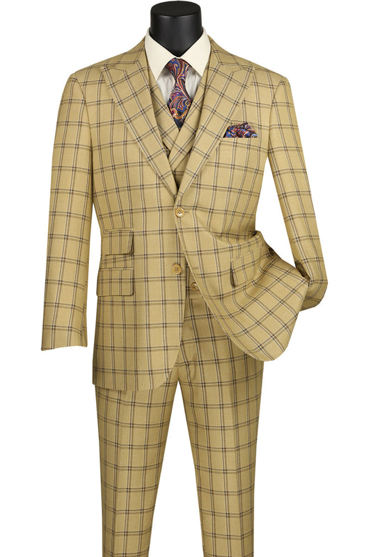 Displayed on a mannequin, the Vinci Modern Fit 3 Piece Windowpane Suit in Tan by Vinci Suits offers a luxurious wool feel and includes a stylish white shirt, patterned tie, and pocket square.