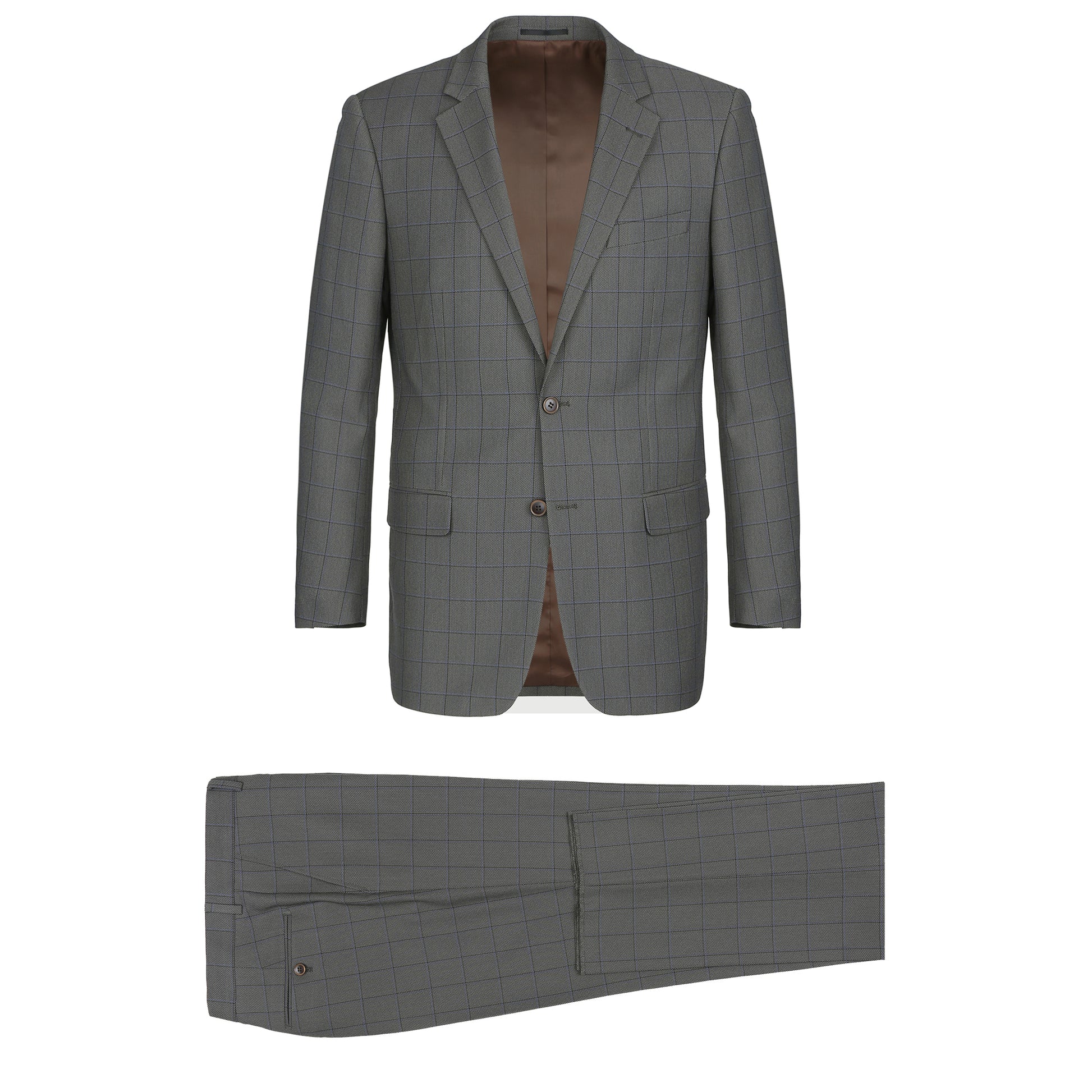 The "Alessandro Vitello by Renoir Two Piece Classic Fit Windowpane Check Dress Suit 292-2" is showcased flat on a white backdrop, highlighting its modern check pattern. This gray suit from Renoir includes a buttoned blazer with a notched lapel and brown inner lining, complemented by matching trousers.