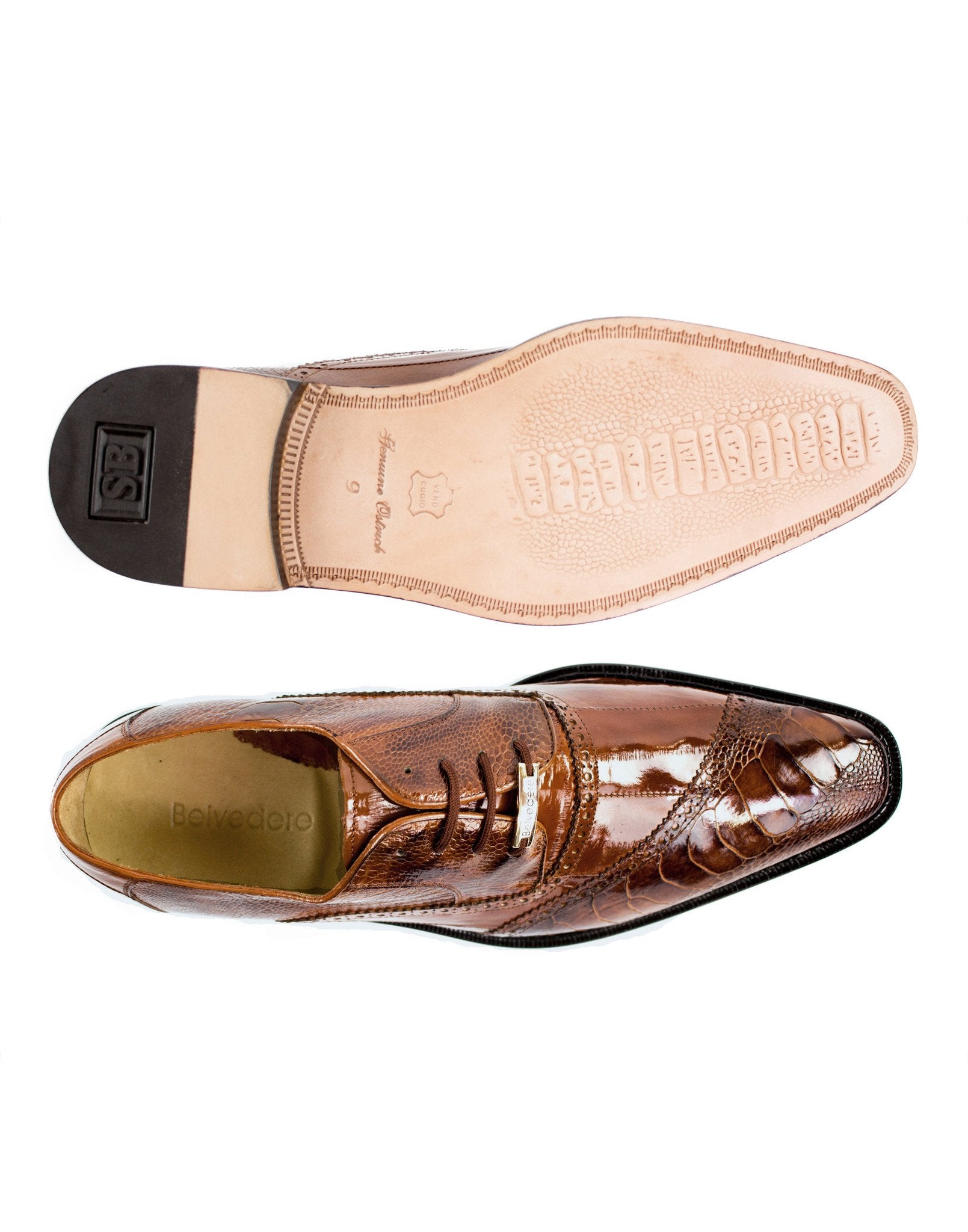 The Belvedere - Nino dress shoe, crafted from genuine ostrich leg and eel leather in an antique camel color, is shown from the side against a white background. Its glossy finish highlights intricate patterns complemented by a luxurious leather lining.