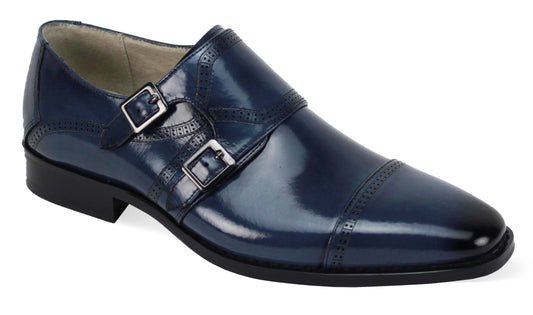 The Giovanni Noel Blue Leather Shoes by GIOVANNI are polished dark blue leather dress shoes, featuring a sleek cap toe design with double monk straps and elegant perforated detailing.